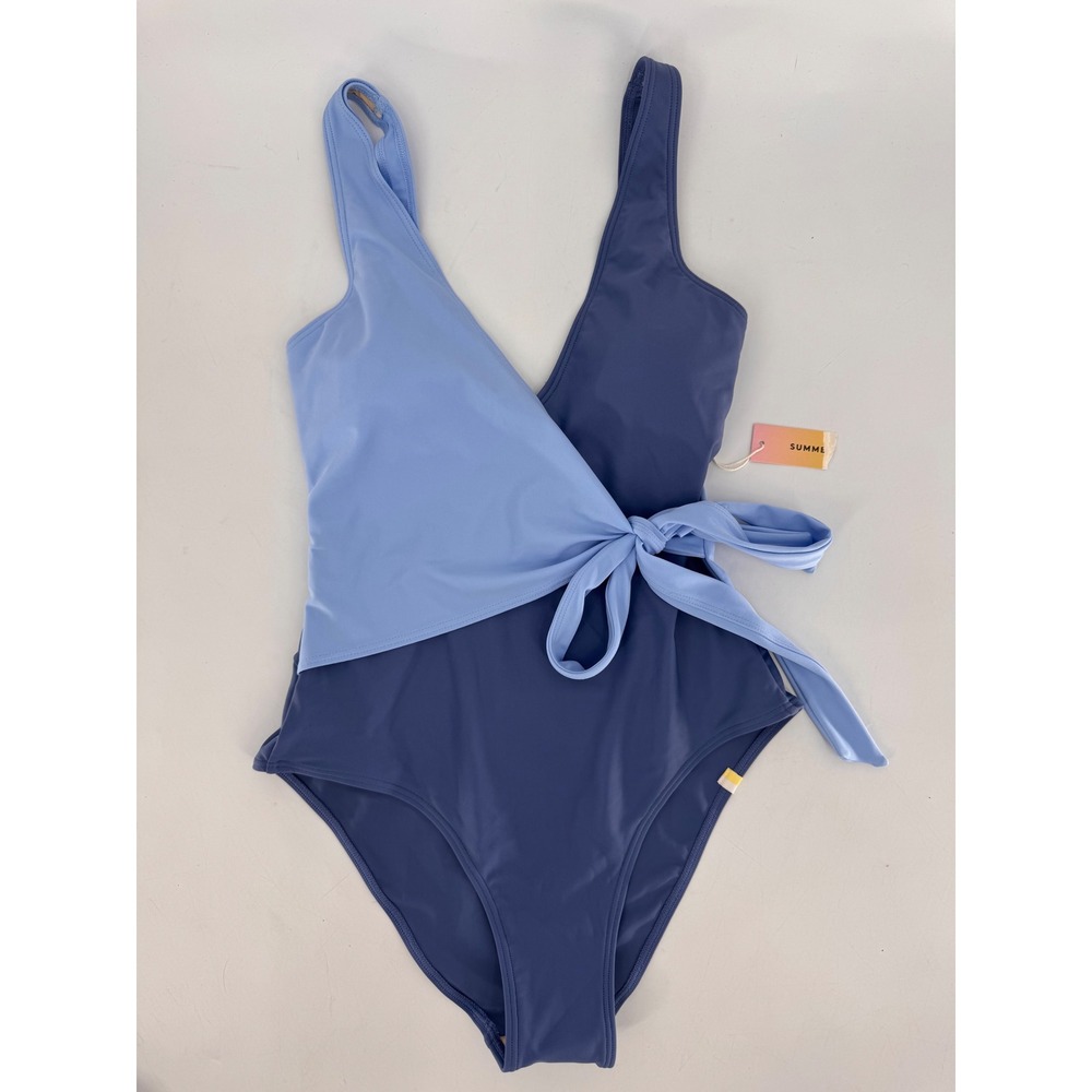 Summersalt Perfect Wrap One-Piece Women 4 Blue Colorblock Tie Waist Swimsuit - Picture 4 of 14